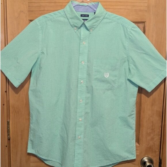 Chaps Easy Care Men's Button Down Shirt Medium Green Plaid Short Sleeve Casual - Picture 6 of 8